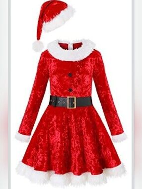 Girls Mrs. Santa Claus Costume Red Dress Christmas with  Hat & Belt Size 8-9 Y